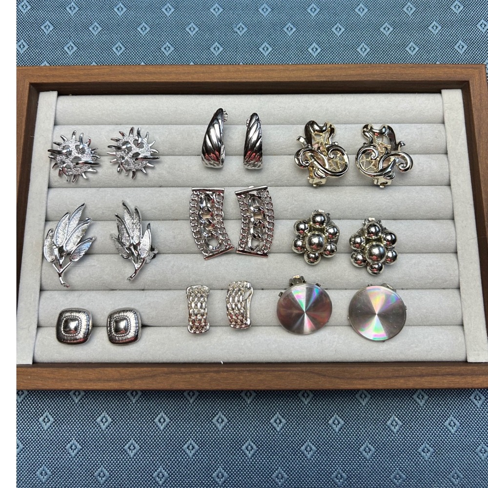 Clip On Earring Lot Sarah Coventry Monet Trifari Silver Tone 9 Pairs Vintage
